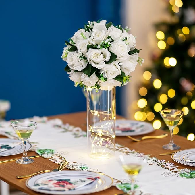 BLOSMON White Roses Artificial Flowers: 2 Pcs Fake Floral Balls Centerpiece for Wedding Table - Artificial Silk Kissing Bouquet Flower Arrangement for Home Party Event Decor