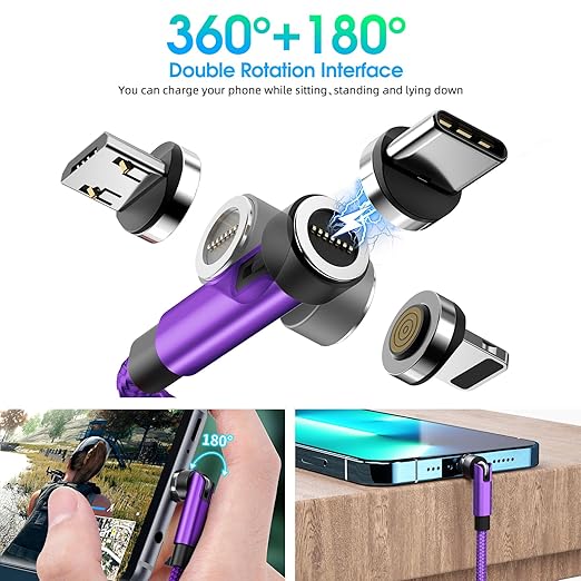 5-in-1 Magnetic Charging Cable, 540° Rotation Magnetic Phone Charger [4-Pack, 3ft/3ft/6ft/10ft] USB A/Type C Fast Charging Charger Cable for iproduct/Micro USB/USB C Devices-Purple