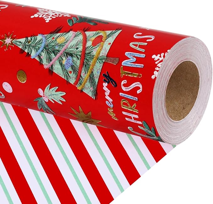 LaRibbons Reversible Christmas Wrapping Paper Roll, Classic Christmas Tree Design with Candy Canes & Snowflakes, Red Holiday Gift Wrap Paper for Xmas, Season Party Celebration, 17 Inch X 33 Feet
