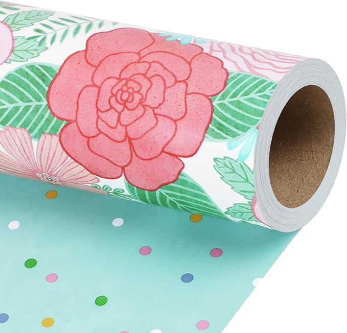 LaRibbons Reversible Floral Wrapping Paper Roll, 17 Inch x 33 Feet (46.7 Sq. Ft), Double-Sided Colorful Watercolor Rose and Polka Dots Design for Wedding, Mother’s Day, Bridal Shower & Birthday