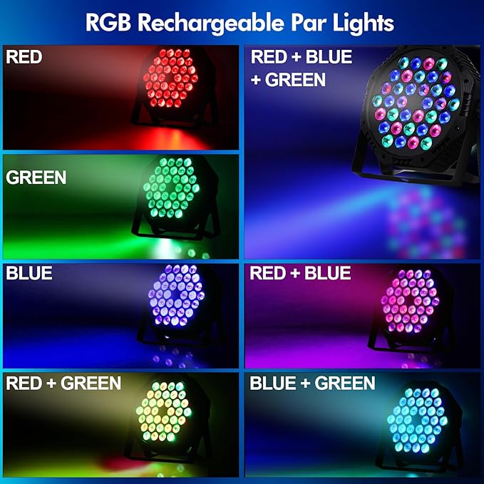 Rechargeable LED Par Can Lights, RGB Battery Powered Stage Uplights with Sound Activated Remote & DMX Control for Festival Event Wedding Bar Church
