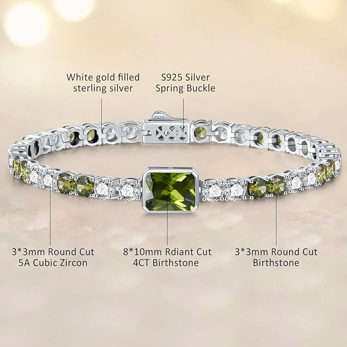 Birthstone Bracelets for Women Birthday Gifts 4CT Radiant Cut Birthstone 4mm Sterling Silver White Gold Tennis Bracelets for Women Round Cut 5A Cubic Zirconia Bezel Setting 7 Inch