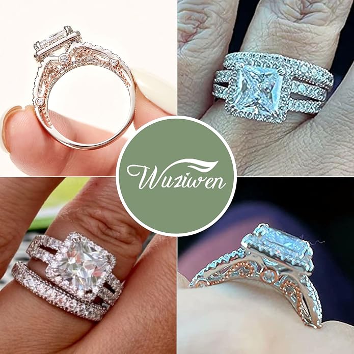 Wuziwen Princess Cut Engagement Rings for Women Sterling Silver Cubic Zirconia Wedding Bridal Ring Set