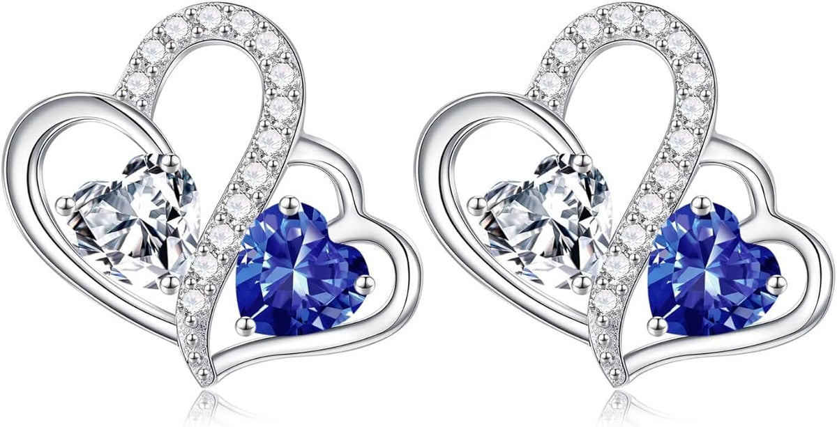Iefil Valentines Day Gifts for Her - Birthstone Earrings Gift for Women, 925 Sterling Silver Double Heart Birthstone Earrings | Anniversary Birthday Gifts for Women, Personalized Jewelry for Wife Mom