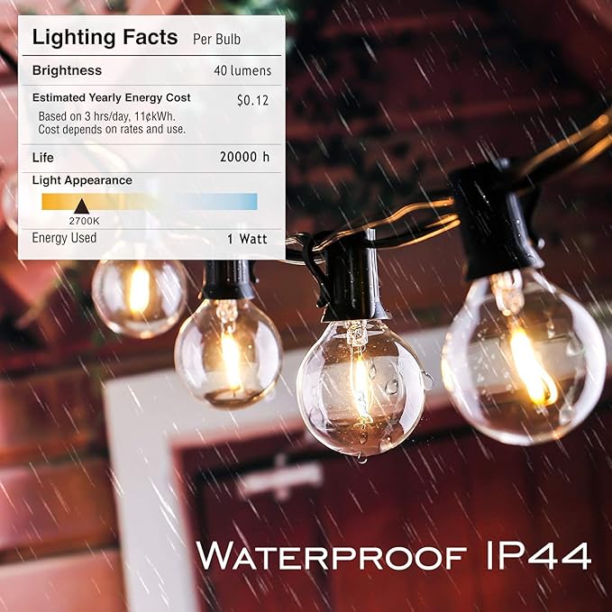 DAMAING Outdoor String Lights LED 50Feet G40 Globe Patio Lights with 27 Edison Plastic LED Bulbs,2700K Warm Glow Weatherproof for Indoor Outdoor Backyard Bistro Lighting
