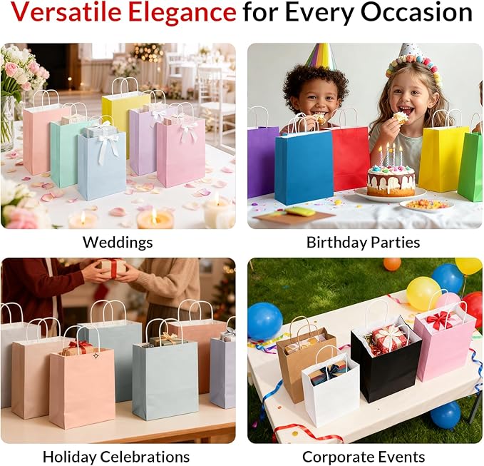SUNEE Gift Bags with Handles 8x4.3x10.7, 100 Pcs Paper Gift Bags Medium Size Bulk, Pastel Color for Wedding, Birthday, Party Supplies and Celebrations