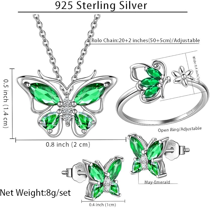 925 Sterling Silver Birthstone Butterfly Jewelry Women Crystal Animal Cute Butterflies Birthday Necklace/Earring/Ring/Bracelet Sets Birth Stone Statement Anniversary Jewellery