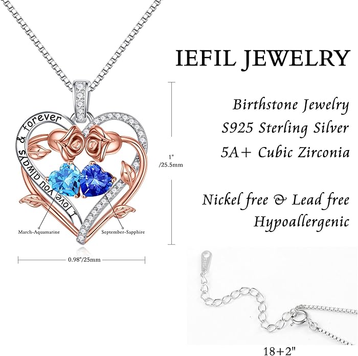 Iefil Valentines Gifts for Her Wife Women - Rose Heart Double Birthstone Necklace Gift for Wife Girlfriend Her Women, Birthstone Jewelry Gemstone Birthday Gifts for Mom Grandma Her