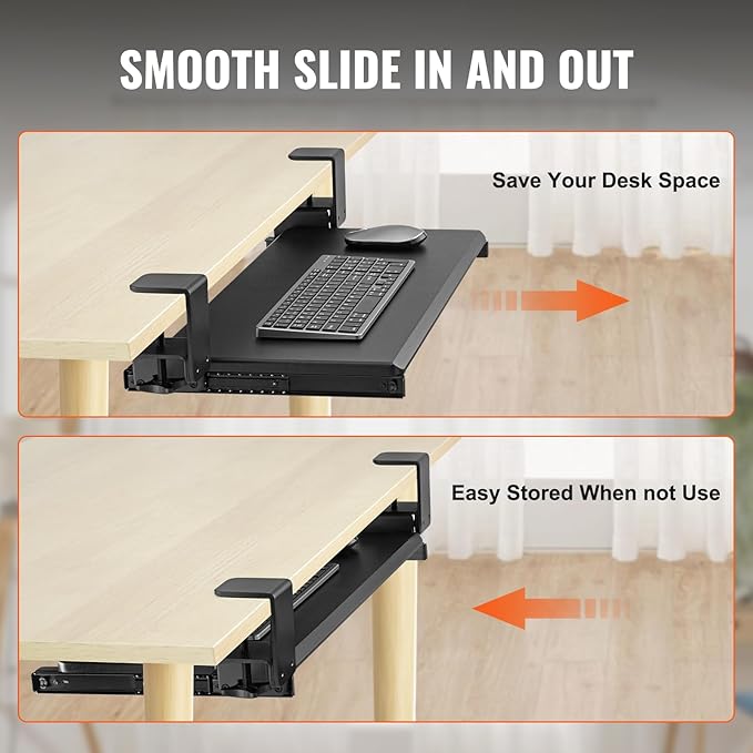 VEVOR Clamp on Keyboard Tray Under Desk, Desk Keyboard Tray Slide Out with Sturdy No-Drill C Clamp Mount, Large 26.8 x 11 inch Slide-Out Computer Drawer for Typing in Home, Office Work