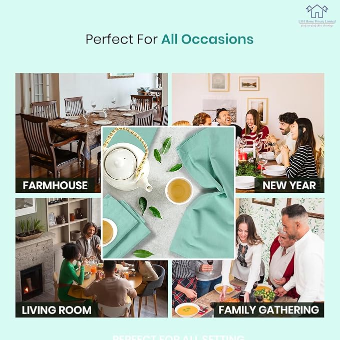 LFH Home Cotton Rich Metered Napkins for Dining Table Set of 12, Elegant Cloth Napkins for Wedding Party or Everyday Use Machine Washable Durable Reusable and Soft for Hosting 18x18 Inch - Aqua