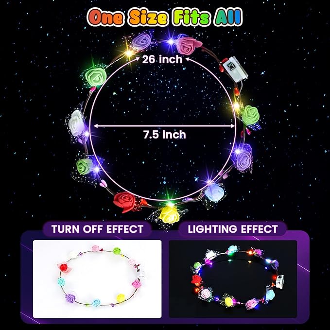 LovesTown 60PCS Glow in the Dark Party Supplies, Flower Crowns for Women Light Up Flower Crown, Light Up Party Favors for Christmas New Year Raves Birthday Wedding Reception Mardi Gras Cosplay