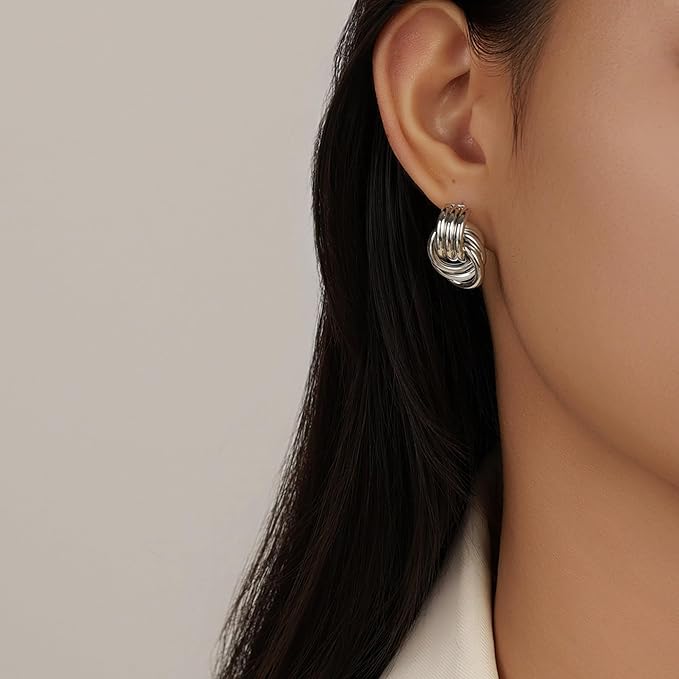 Big Chunky Knot Link Earrings for Women Silver Circle Geometric Drop Dangle Earring Stud