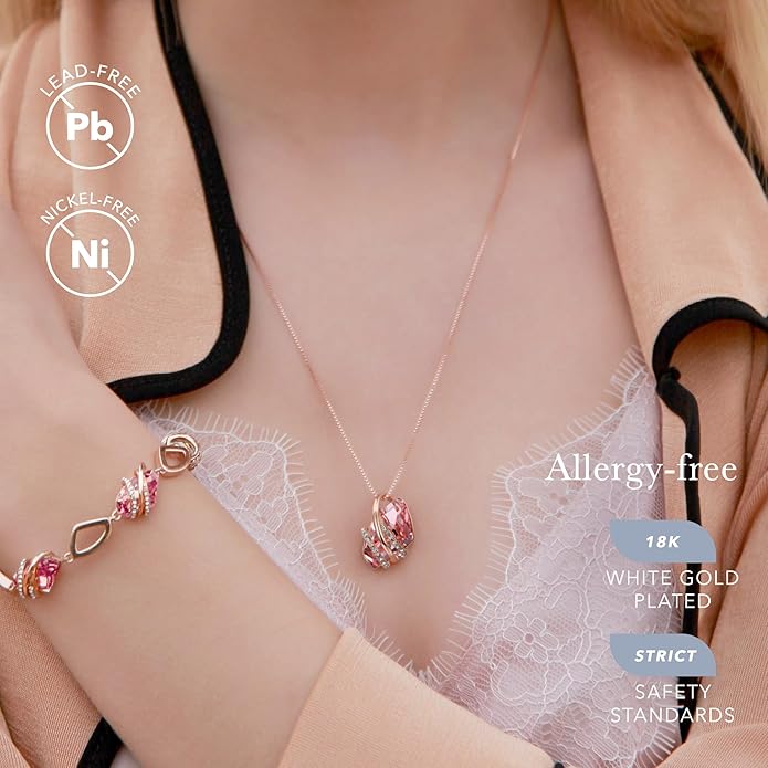Leafael Wish Stone Pendant Necklace with Birthstone Crystal, 18K Rose Gold Plated/Silvertone, 18" + 2"