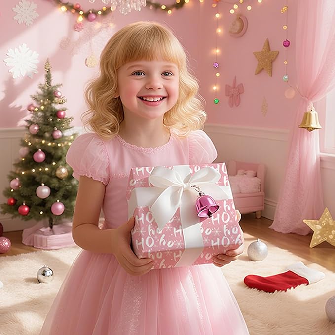Ulmasinn Reversible Christmas Wrapping Paper Pink Mini Roll 17 Inches X 33 Feet for Girls Kids,printed with “Ho Ho” and Pink Holiday Collection Design for Festivals, Parties, Celebrations