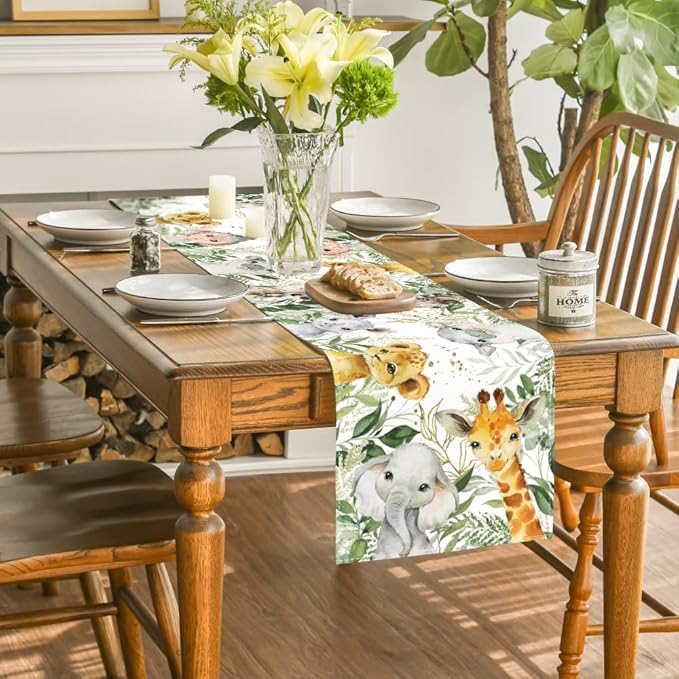 Artoid Mode Animals Elephant Giraffe Baby Shower Table Runner, Seasonal Spring Summer Kitchen Dining Table for Home Party Decor 13x48 Inch