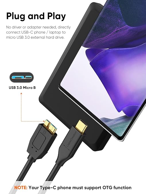 CableCreation 2FT*2 USB C to Micro B Cable,10Gbps Speed External Hard Drive Braided,USB 3.1 Type C to Micro B Work for iPhone 15/16,Seagate WD Westgate My Passport,MacBook Pro,iPad/Tablet,Black
