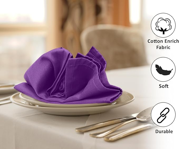 Ruvanti Cloth Napkins Set of 12, 18x18 Inches Napkins Cloth Washable, Soft, Durable, Absorbent, Cotton Blend. Table Dinner Napkins Cloth for Hotel, Lunch, Restaurant, Wedding Events, Parties - Purple