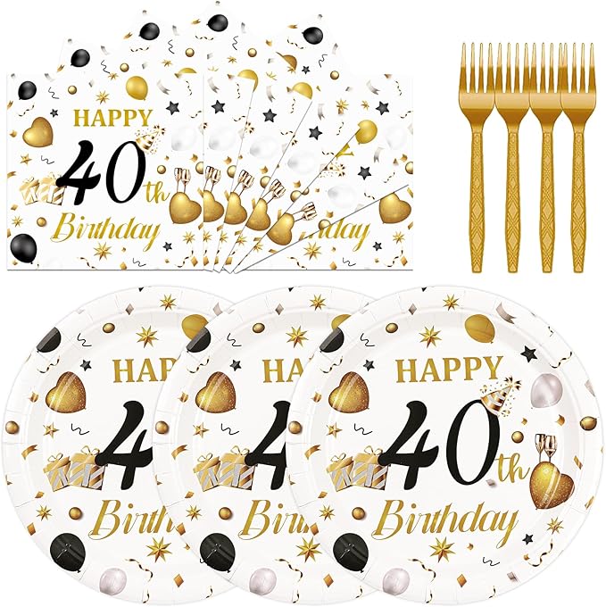 75PCS 40th Birthday Plates and Napkins Party Decorations, 7 Inch White and Gold Happy 40th Birthday Paper Dessert Cake Plates and Napkins Set Disposable Tableware Party Favors for Women Men