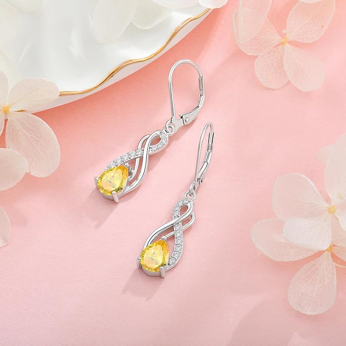 Infinity Love Birthstone Earrings for Women 925 Strling Silver 5A Cubic Zirconia Dangle Drop Leveback Earrings Jewelry Birthday Christmas Day Gifts for Her