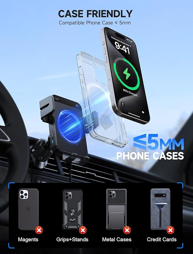 MOKPR Wireless Car Charger, 15W Auto Clamping Car Charger Dash Windshield Air Vent Phone Holder Compatible with iPhone 16 15 14/13/13 Pro/12 pro/12/11/X/8, Samsung S24/S23/S22