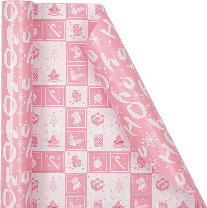 Ulmasinn Reversible Christmas Wrapping Paper Pink Mini Roll 17 Inches X 33 Feet for Girls Kids,printed with “Ho Ho” and Pink Holiday Collection Design for Festivals, Parties, Celebrations