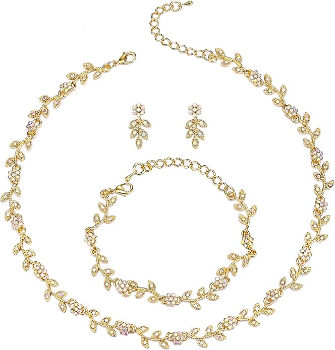 BriLove Wedding Jewelry Set for Women Bride, Gorgeous Stunning Crystal Flower Leaf Cluster Choker Necklace Link Bracelet Stud Earrings Bridal Bridesmaid