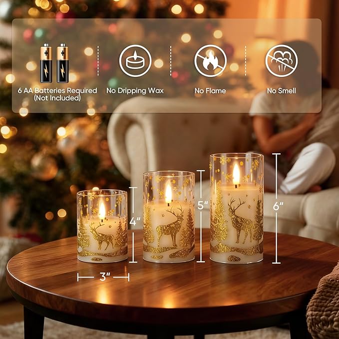 Amagic Christmas Flameless Candles with Remote and Timer, Glass Battery Operated Candles, Real Wax Electric LED Pillar Candles with Gold Deer for Thanksgiving Decor, Set of 3