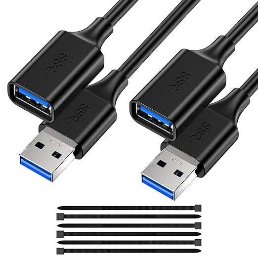 2 Pack USB 3.0 Extension Cable - 5FT USB A Male to Female, Compatible with Flash Drive, Hard Drive, Card Reader, Webcam, Printer, Keyboard, Mouse, Playstation, Xbox, VR Headset