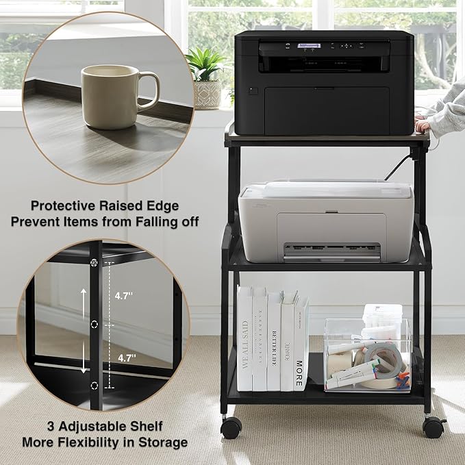 Lauren&Harold 34'' Printer Stand with Power Outlets & USB Ports, 3-Tier Adjustable Rolling Cart, Heavy Duty 150LBS Storage Table with Wheels for Office, Kitchen, Living Room, Black