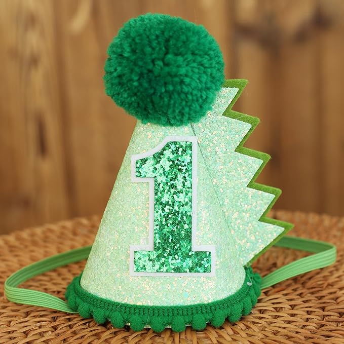 Green Glitter Dinosaur Birthday Cone Hat for 1-5 Years Old Kids Boys Dino Dinousour Birthday Hat Party Decoration