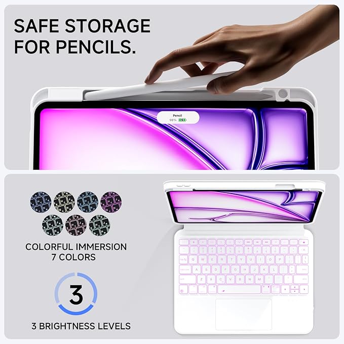 ONLY fit for 2024 M4 iPad Pro 11 inch Case with Keyboard Detachable Magic Keyboard Trackpad, 360 Rotating Cover with Pencil Holder Multi Angle Stand, 12 Shortcut Key, 7 Color Backlit, White