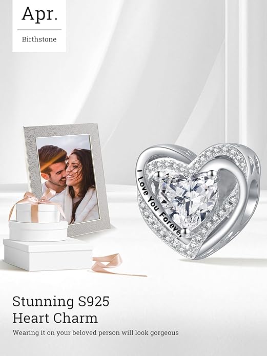Heart Birthstone Charms for Bracelets, 925 Sterling Silver Women Bead Charms for Charm Bracelets Necklace, Mother's Day Birthday Anniversary Jewelry Gifts for Wife Mom Grandma Daughter