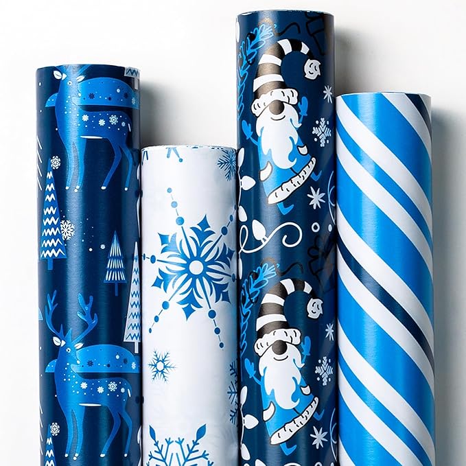 MAYPLUSS Christmas Wrapping Paper Jumbo Rolls - 30IN X 120IN - 4 Roll - Christmas Tree Reindeer Snowman Stripe for New Year Holiday Party Kids