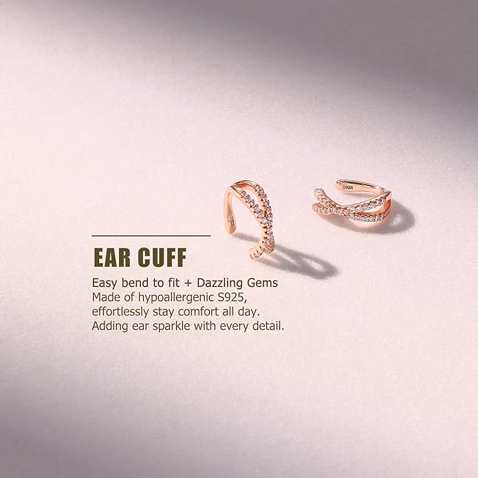 KRFY 2Pcs Adjustable Ear Cuff S925 Sterling Silver Ear Cuffs Non Piercing Cuff Earrings for Women 5A Cubic Zirconia Clip On Cartilage Helix Conch Fake Earrings Hypoallergenic