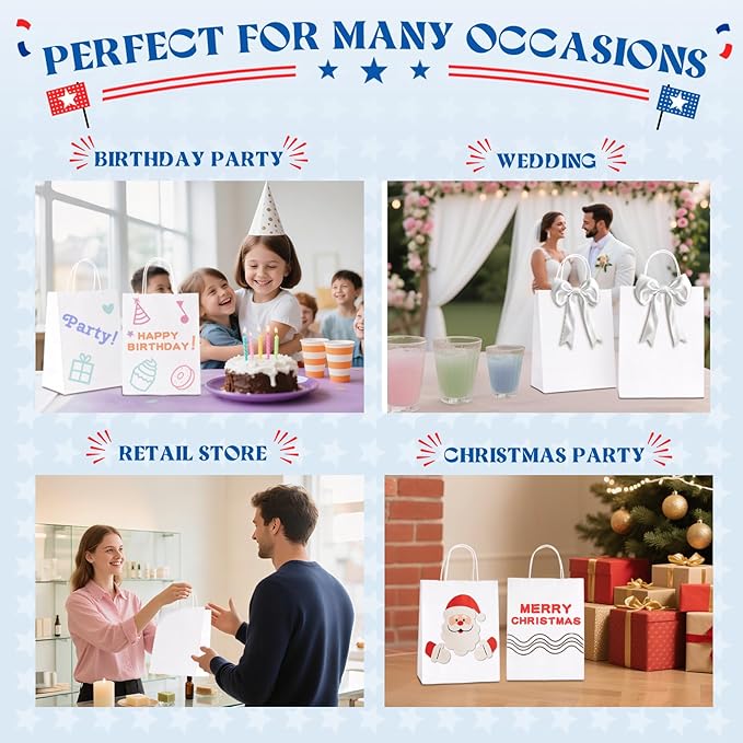 MESHA Gift Paper Bags 500 PACK 8x4.25x10.5 Inch White Medium Shopping Kraft Bags Bulk with Handles Reusable for Business Grocery Birthday Wedding Kids Party Favors(Made in USA)