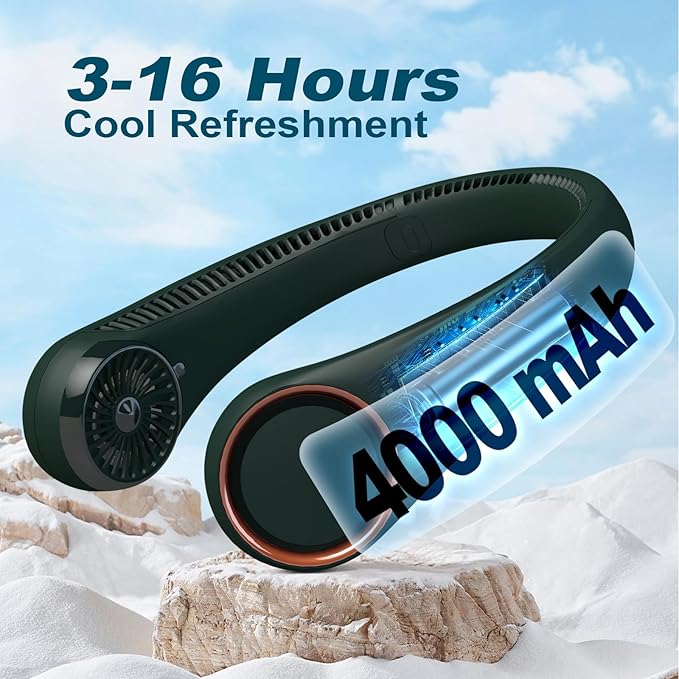 CIVPOWER Neck Fan: Portable Personal Neck Cooling Rechargeable Bladeless Fan - Hands Free 3 Speed 4000 mAh Battery USB Operated Wearable Headphone Design - for Men Women Outdoor Indoor (Dark Green)