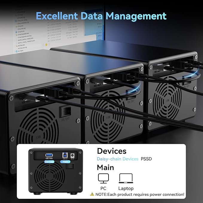 3 Bay Hard Drive Enclosure with Cooling Fan for 2.5“/3.5" SATA HDD/SSD with USB A/C 3.0, Support 60TB, Hot Swappable, Daisy Chain Expansion, Tool-Free HDD Enclosure, DAS(NO RAID/NAS)