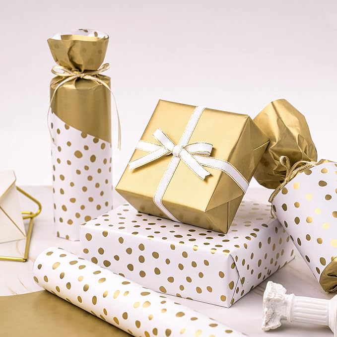 WRAPAHOLIC Reversible Wrapping Paper - Mini Roll - 30 Inch x 33 Feet - Gold Print and Delicate Polka Dot Wrapping Paper for Birthday, Holiday, Wedding, Baby Shower