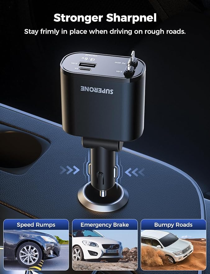 Retractable Car Charger 4 in 1 Fast Car Phone Charger Adapter with Type C & Apple Cords Compatible with iPhone 16/15/14/13/12/11, Galaxy, Pixel