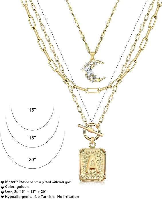 MJartoria Layered Initial Necklaces for Women Trendy, 14K Gold Plated Brass Simple Moon Choker Square Letter Pendant Necklace, Paperclip Chain Necklaces Jewelry Gifts
