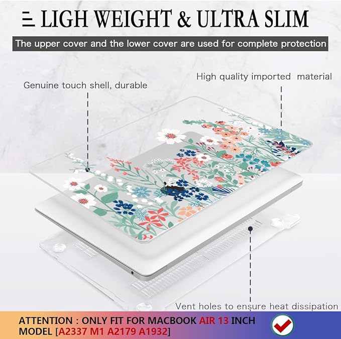 CISSOOK Compatible with MacBook Air 13 inch Case 2021 2020 2019 2018 Release A2337 M1 A2179 A1932 Model, Wild Floral Hard Shell Case for MacBook Air 13 Inch with Touch ID 2021-2018, Wild Green Flower