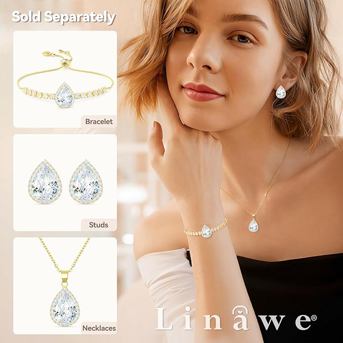 Linawe Crystal Imitation Diamond Rhinestone Charm Bracelets for Women, Gold/Silver/Rose Gold Adjustable Chain Bracelet, Teardrop Birthstone Cubic Zirconia Prom Costume Wedding Jewelry