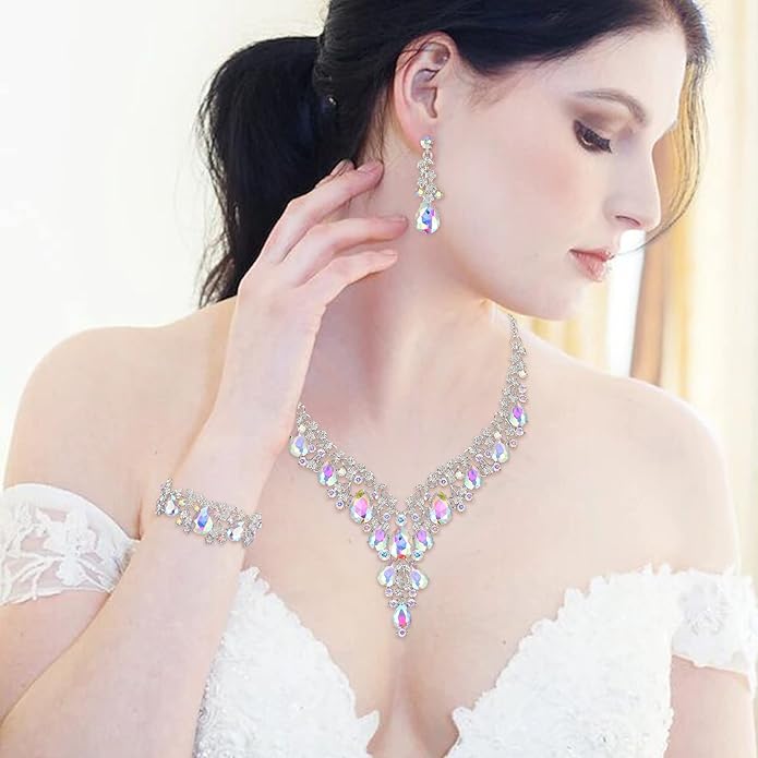 BriLove Women's Wedding Bridal Austrian Crystal Teardrop Flower Cluster Statement Necklace Dangle Earrings Jewelry Set for Party Prom