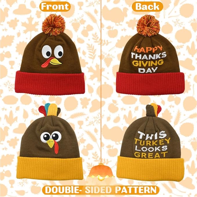 2PACK Thanksgiving Pom Pom Beanie Hats, Turkey Beanie Hat Running Hats Turkey Knitted Cap for Adults Thanksgiving Party Orange
