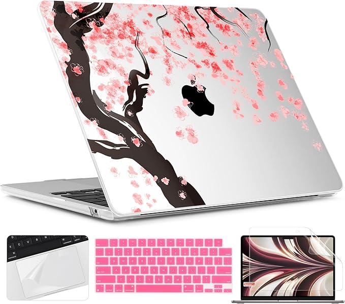 TWOLSKOO for M4 MacBook Air 13.6 inch Case 2025-2022 Release M4 A3240 M3 A3113 M2 A2681, Plastic Hard Shell & Screen Protector & Keyboard Cover & Trackpad Film, Cherry Blossoms
