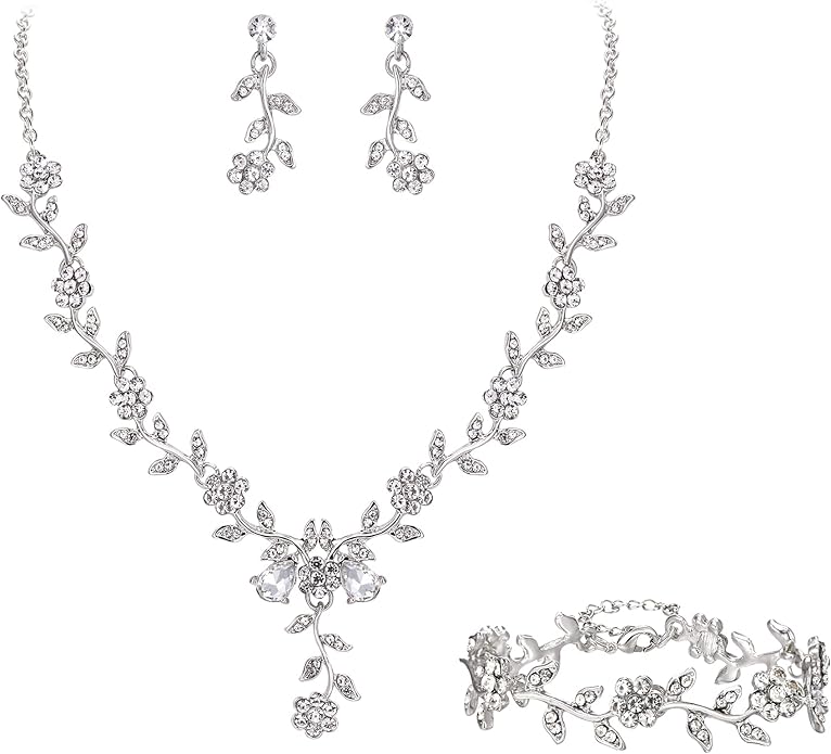 BriLove Women's Wedding Jewelry Leaf Cluster Flower Crystal Dangle Earrings Pendant Necklace Set for Bridal