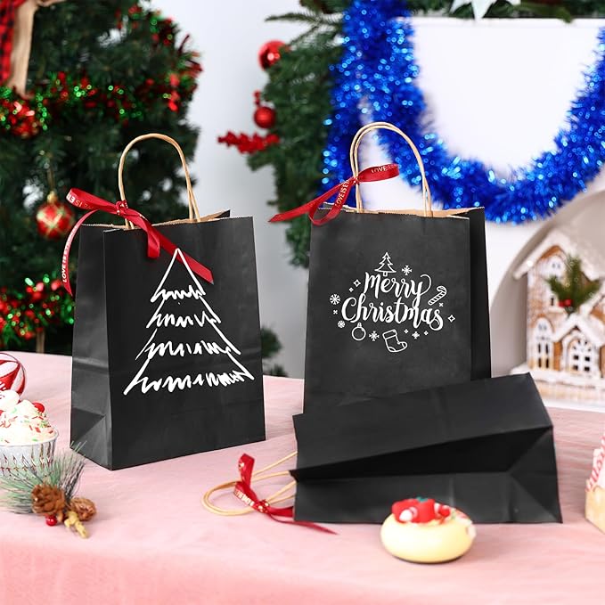 OUTUXED Black Gift Bags, 35pcs Kraft Paper Bags with Handles, 7.1x3.6x9.3in Medium Size for Retail, Gift Wrapping, and Shopping