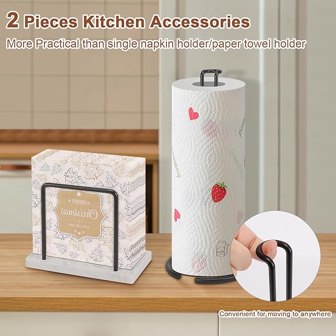 Livabber Napkin Holder, Metal Napkin Storage Modern Freestanding Tissue Paper Dispenser for Table Kitchen Countertop (Marble Base, Black Napkin Holder Set-2)