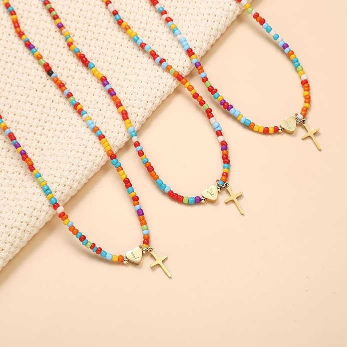 Colorful Initial Cross Necklace for Girls Women Kids - Teen Girls Gifts Trendy Stuff Beaded Letter Cross Choker Necklace for Girls Gifts Jewelry