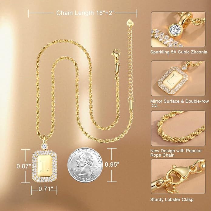 Gold Initial Necklaces for Women, Letter Necklace for Her Birthday Yellow Gold Initial Pendant Necklace with Rope Chain, Women Jewelry Gifts for Her Wife Girlfriend